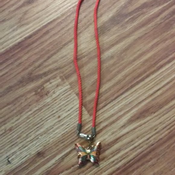 Cloisonne Like Multicolor Butterfly Necklace On Red Cord Hangs 13" x 1 1/8" Wide - Picture 1 of 4